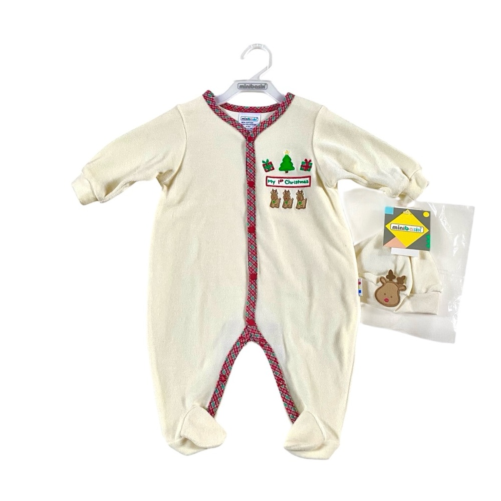 MINIBASIX COTTON VELOUR "MY FIRST CHRISTMAS” INFANT FOOTED ONESIE SIZE 3 MO, NWT